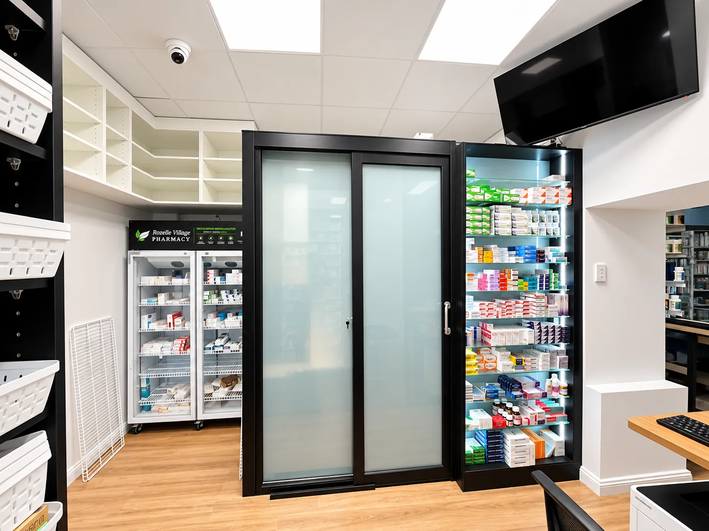 Medication storage shelving in the pharmacy
